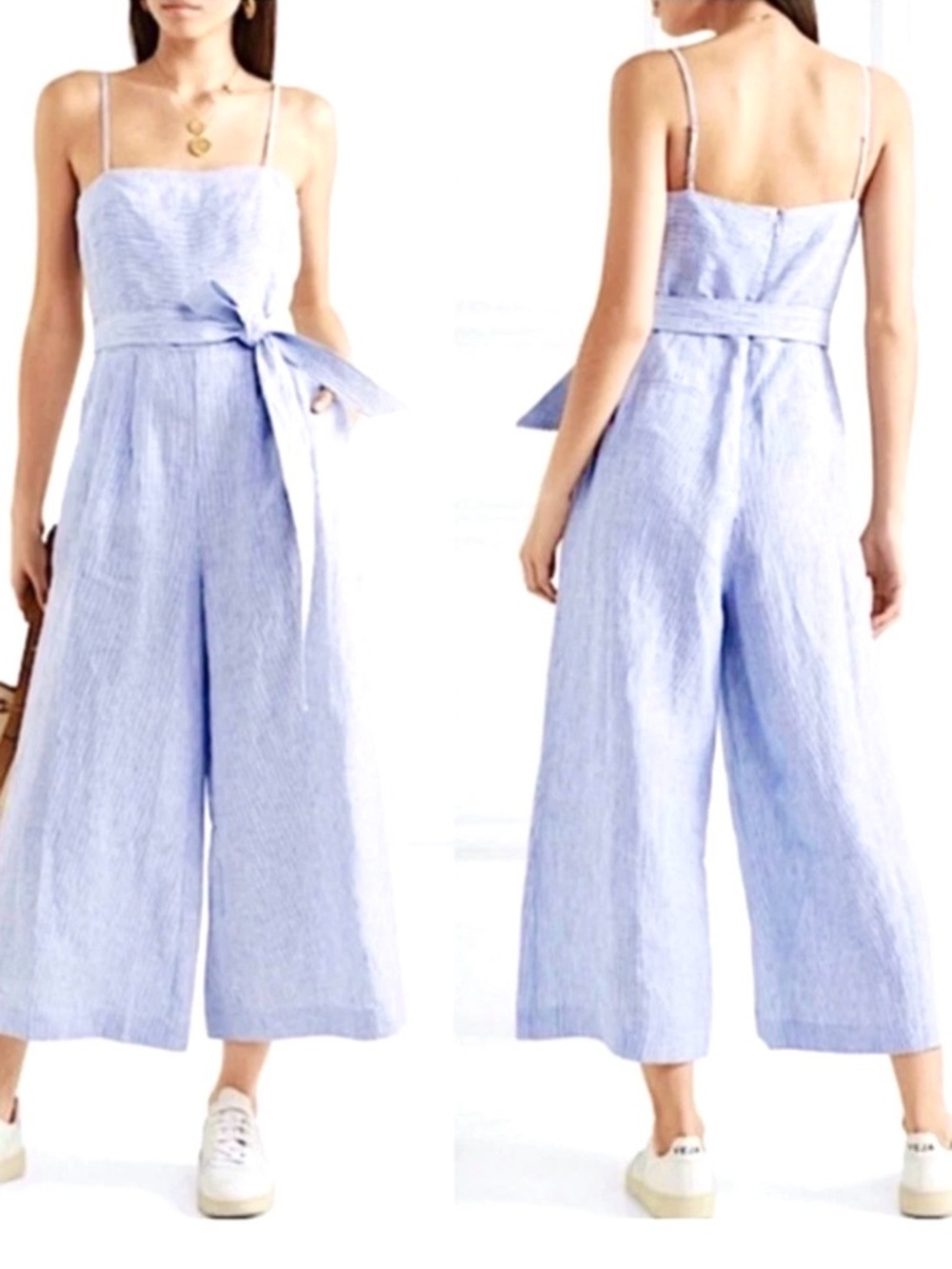J.Crew Spaghetti Strap Jumpsuit in Blue Striped Beauchamps Linen SIZE 6 - Picture 1 of 10